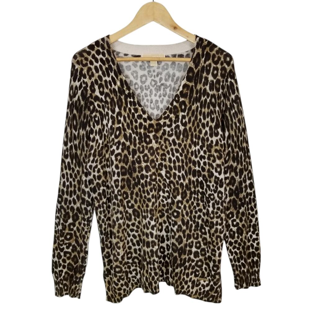 MICHAEL Michael Kors Women's V-Neck Leopard Print Sweater Brown Size Large
